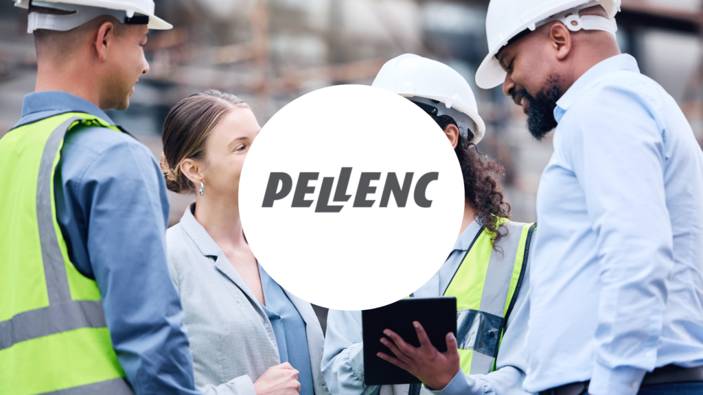 logo de l'entreprise Pellenc sur un fond de travailleurs de l'industrie manufacturière
