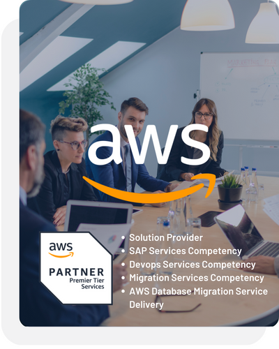 Group of people working together + AWS logo and certifications