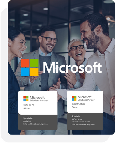 Groupe de personne travaillant ensemble + logo Microsoft et certifications