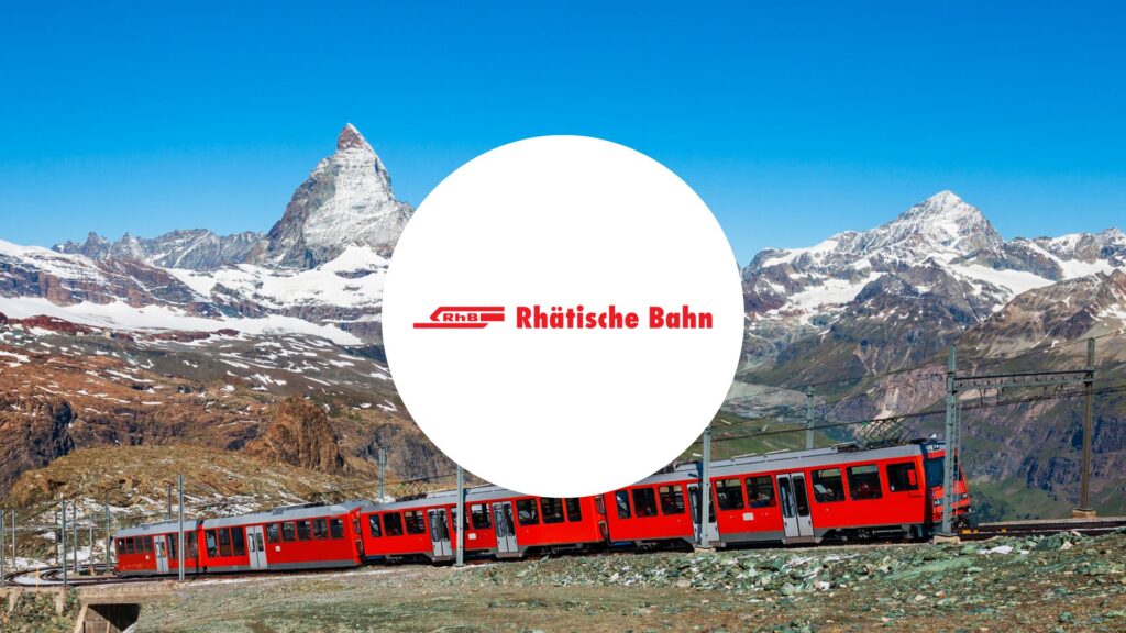 Logo des chemins de fer rhétiques avec image d'un train devant le mont cervin